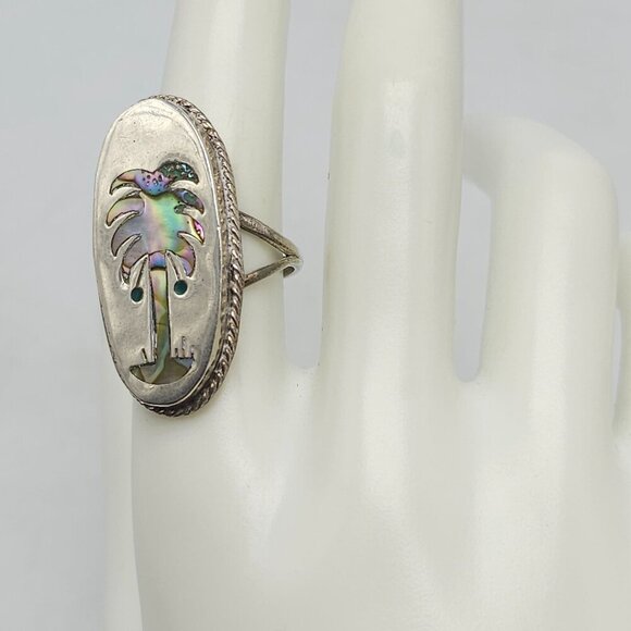 Vintage Artist Signed Taxco Sterling Silver Abalone Palm Tree Ring Size 8 - Picture 2 of 6